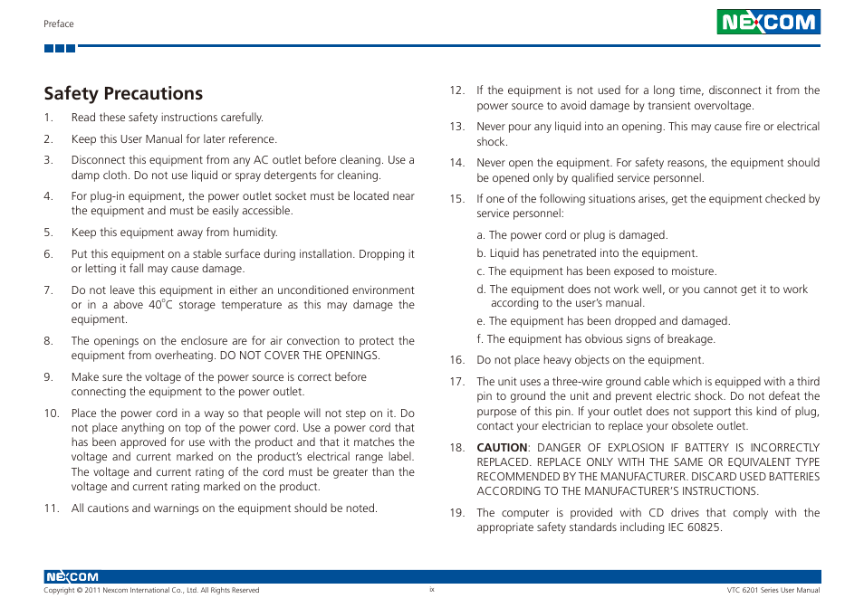 Safety precautions | NEXCOM VTC 6201 User Manual | Page 9 / 76