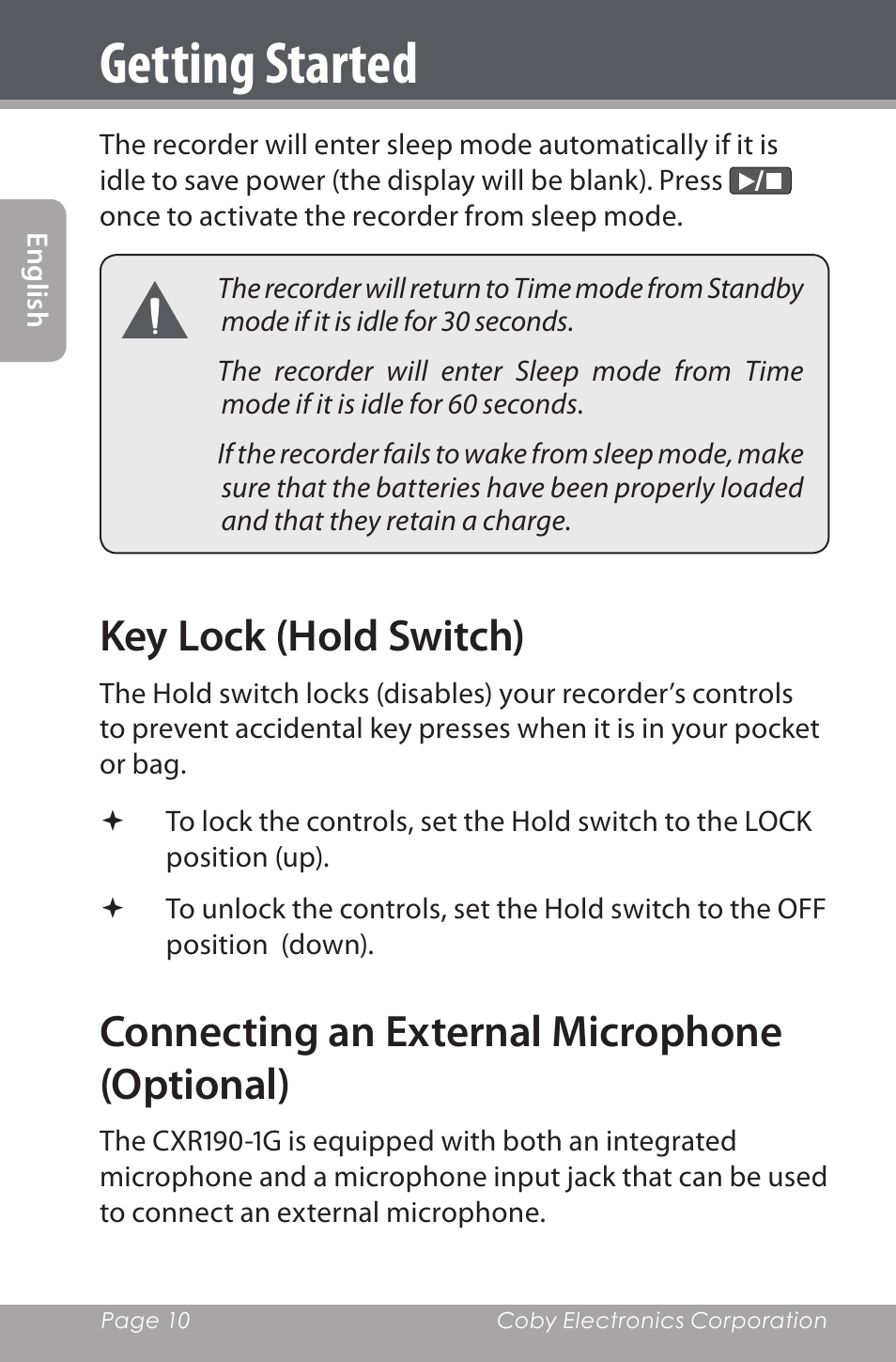 Key lock (hold switch), Connecting an external microphone (optional), Getting started | COBY electronic CXR190-1G User Manual | Page 10 / 116