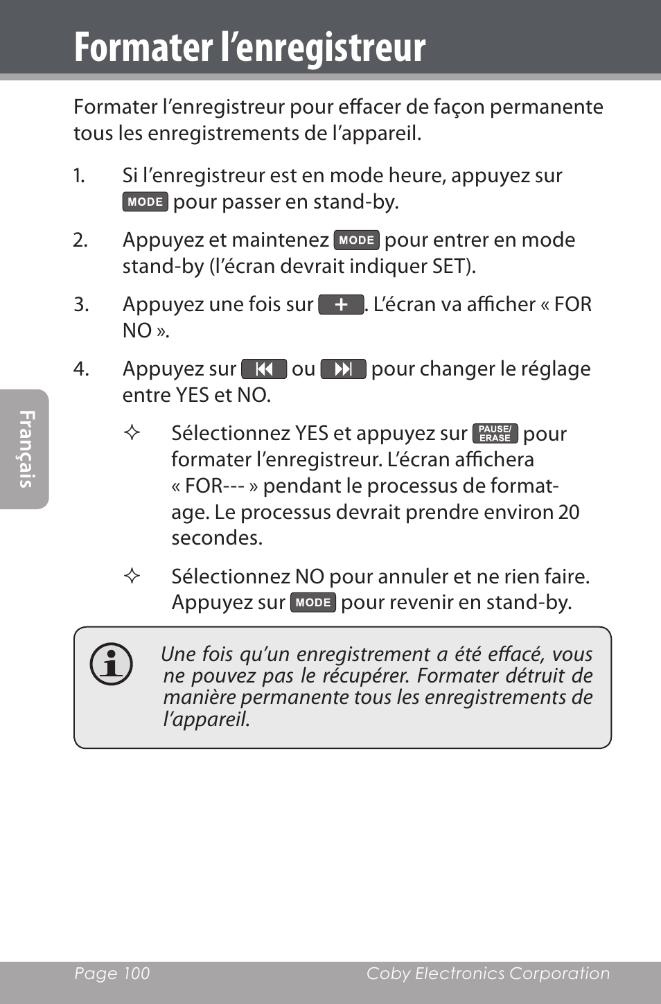 Formater l’enregistreur | COBY electronic CXR190-1G User Manual | Page 100 / 116