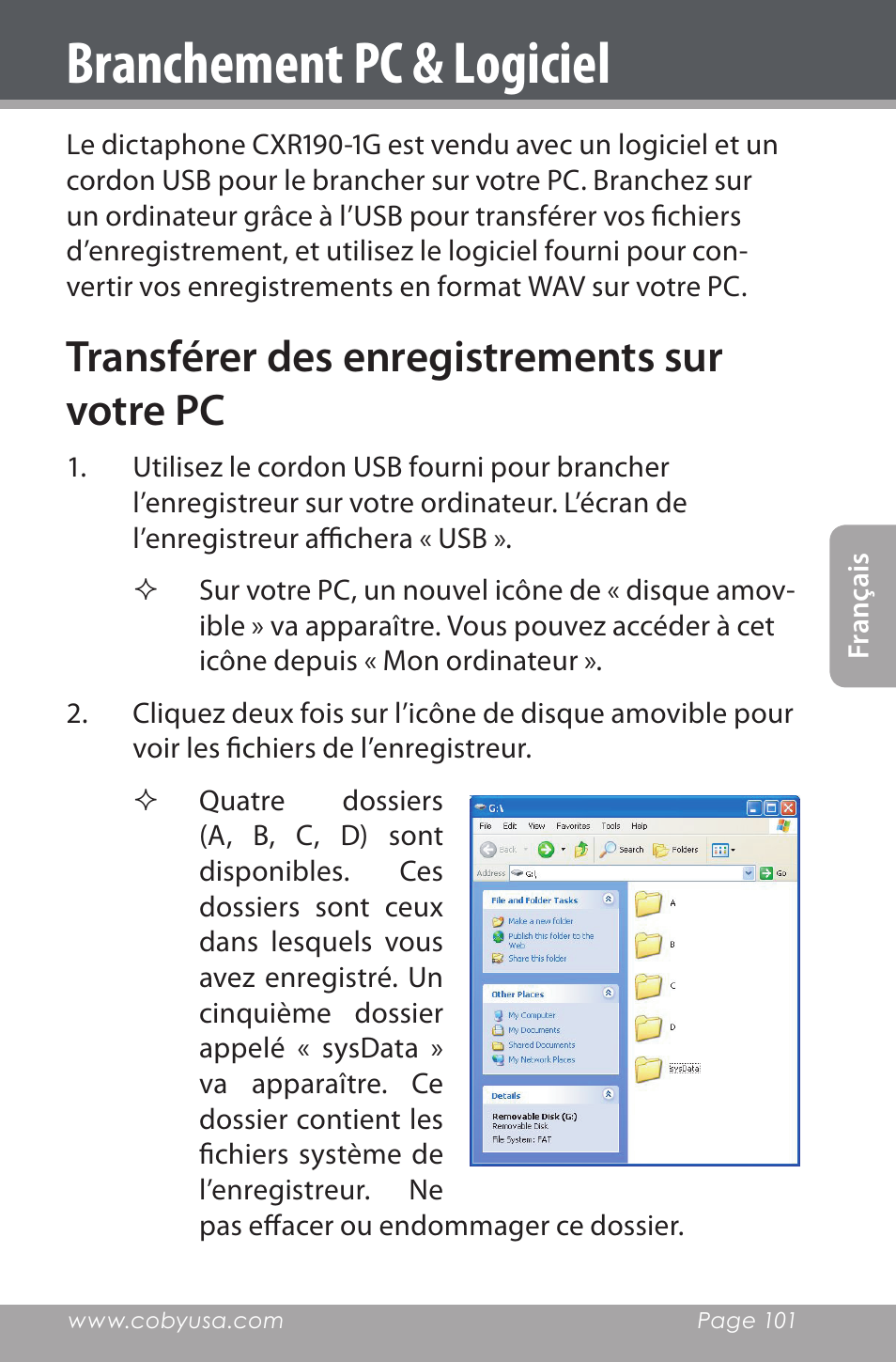 Branchement pc & logiciel, Transférer des enregistrements sur votre pc | COBY electronic CXR190-1G User Manual | Page 101 / 116