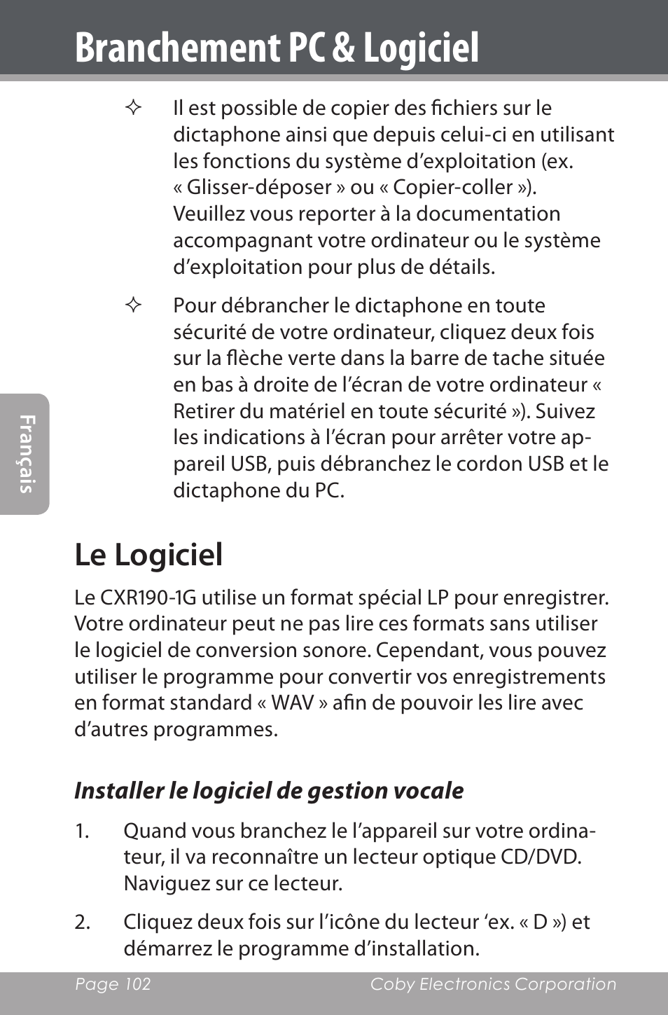 Le logiciel, Installer le logiciel de gestion vocale, Branchement pc & logiciel | COBY electronic CXR190-1G User Manual | Page 102 / 116