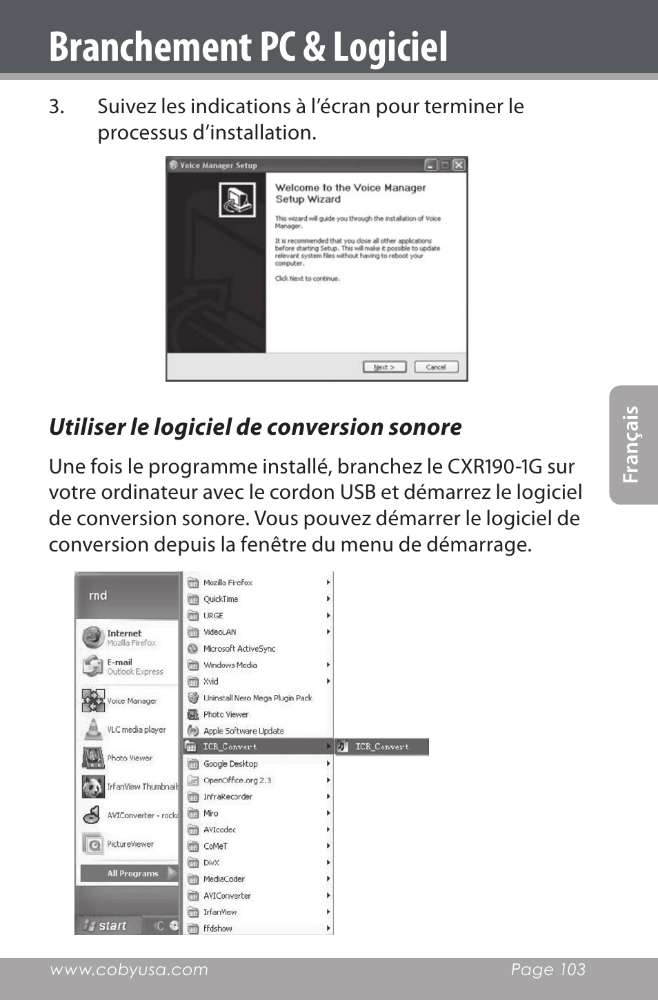 Utiliser le logiciel de conversion sonore, Branchement pc & logiciel | COBY electronic CXR190-1G User Manual | Page 103 / 116