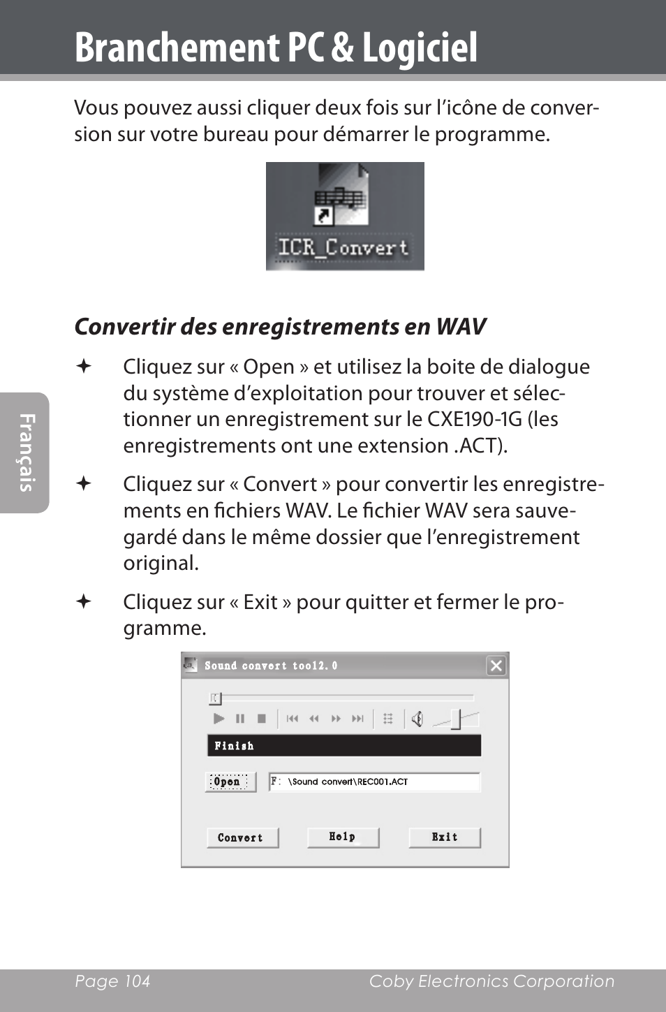 Convertir des enregistrements en wav, Branchement pc & logiciel | COBY electronic CXR190-1G User Manual | Page 104 / 116