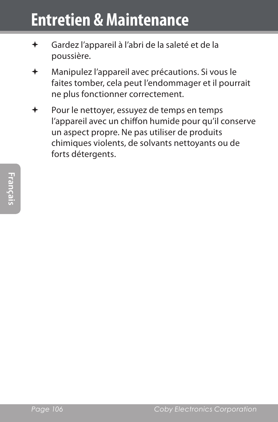 Entretien & maintenance | COBY electronic CXR190-1G User Manual | Page 106 / 116