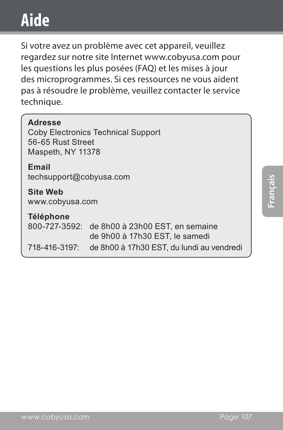 Aide | COBY electronic CXR190-1G User Manual | Page 107 / 116