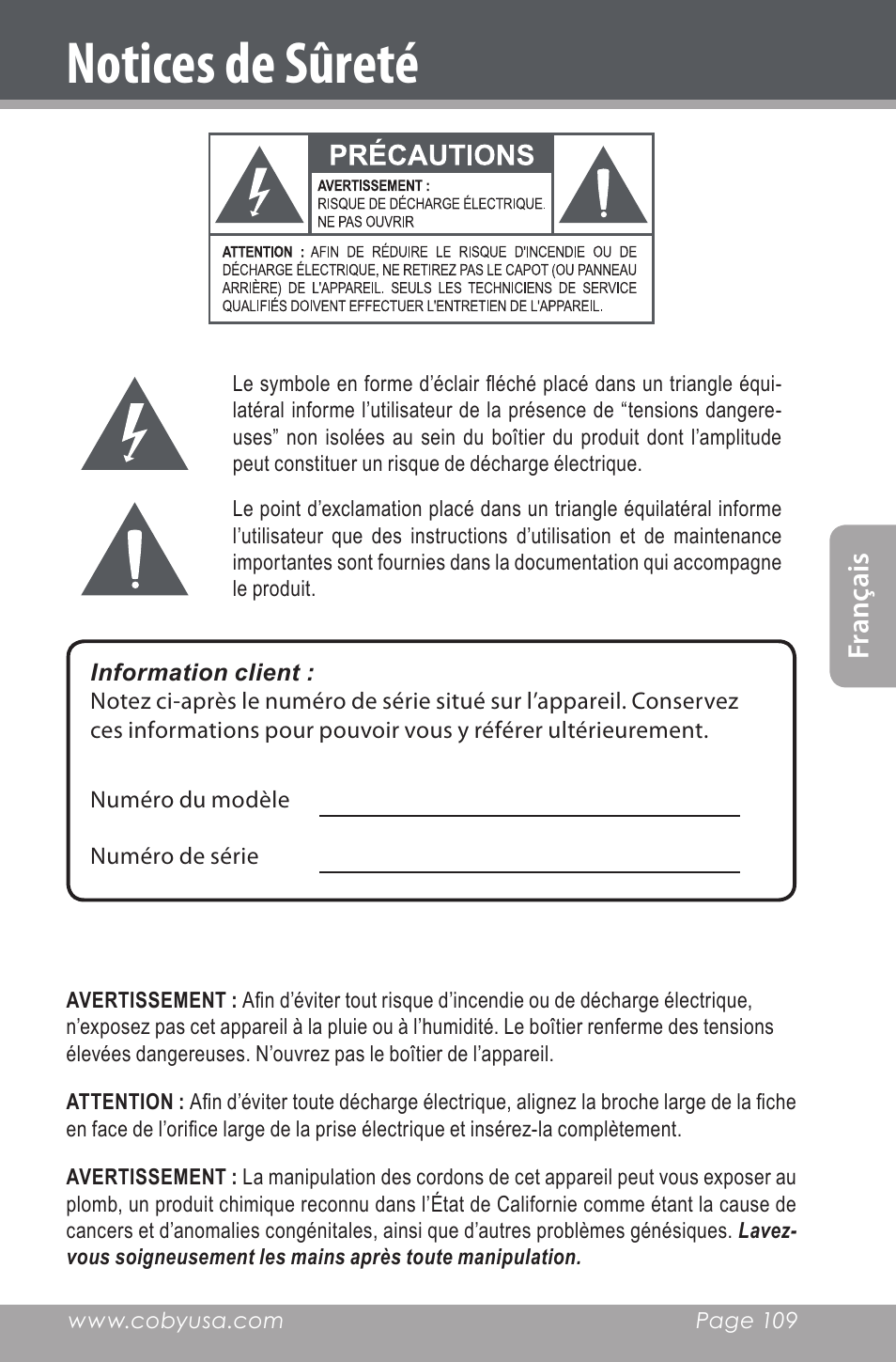 Notices de sûreté, Fran ça is | COBY electronic CXR190-1G User Manual | Page 109 / 116