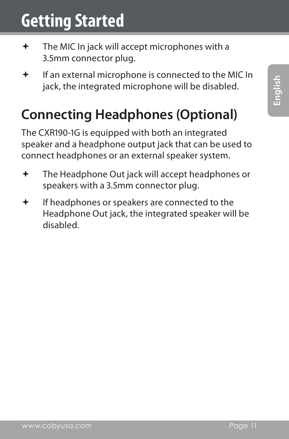 Connecting headphones (optional), Getting started | COBY electronic CXR190-1G User Manual | Page 11 / 116