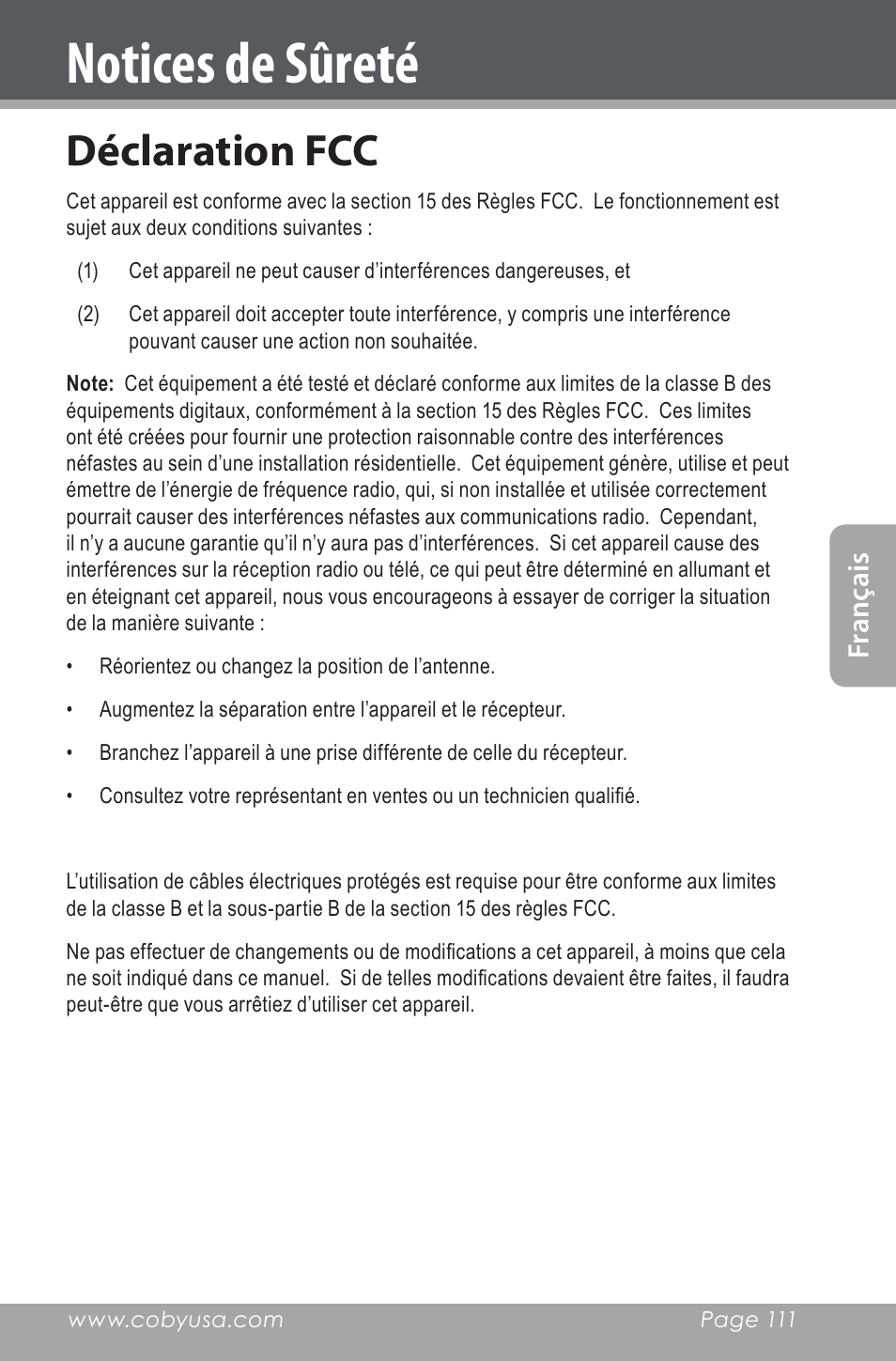 Notices de sûreté, Déclaration fcc, Fran ça is | COBY electronic CXR190-1G User Manual | Page 111 / 116