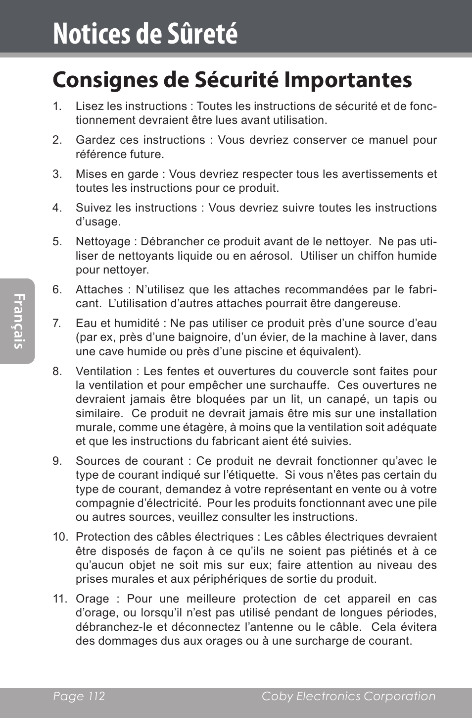 Notices de sûreté, Consignes de sécurité importantes, Fran ça is | COBY electronic CXR190-1G User Manual | Page 112 / 116