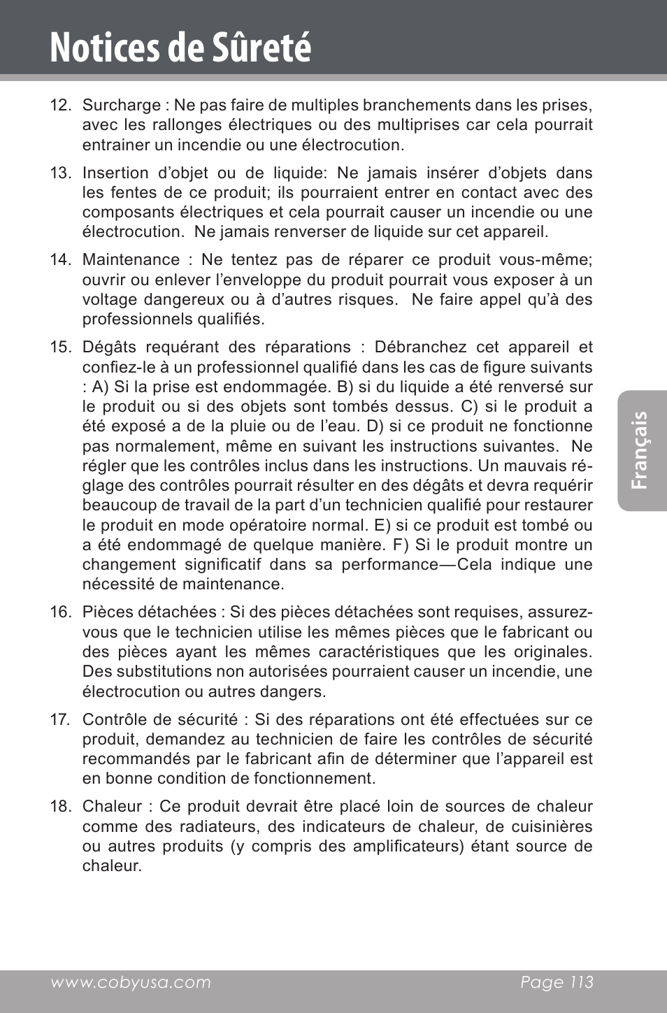 Notices de sûreté, Fran ça is | COBY electronic CXR190-1G User Manual | Page 113 / 116