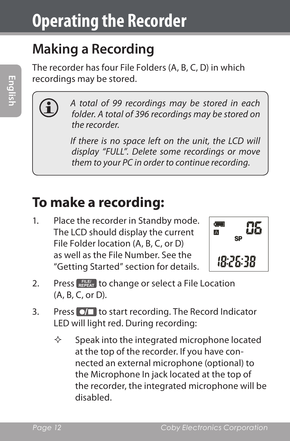 Operating the recorder, Making a recording | COBY electronic CXR190-1G User Manual | Page 12 / 116