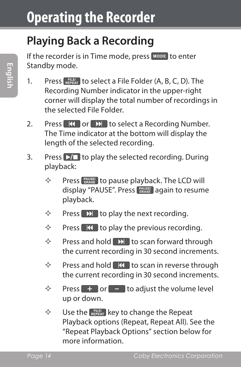 Playing back a recording, Operating the recorder | COBY electronic CXR190-1G User Manual | Page 14 / 116