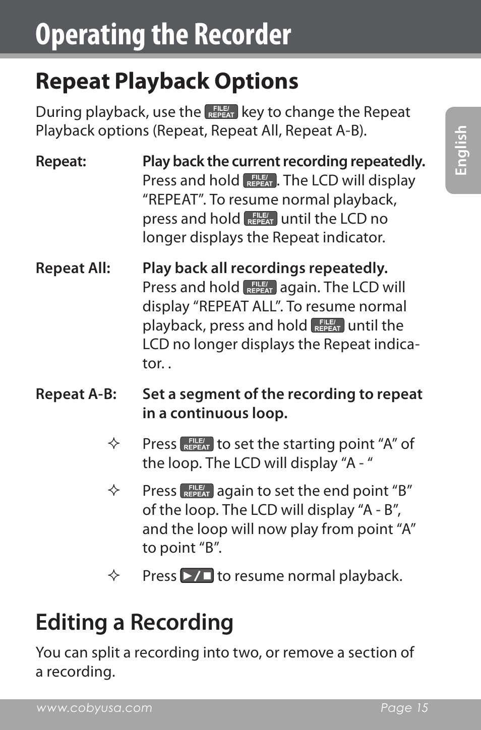 Editing a recording, Operating the recorder, Repeat playback options | COBY electronic CXR190-1G User Manual | Page 15 / 116