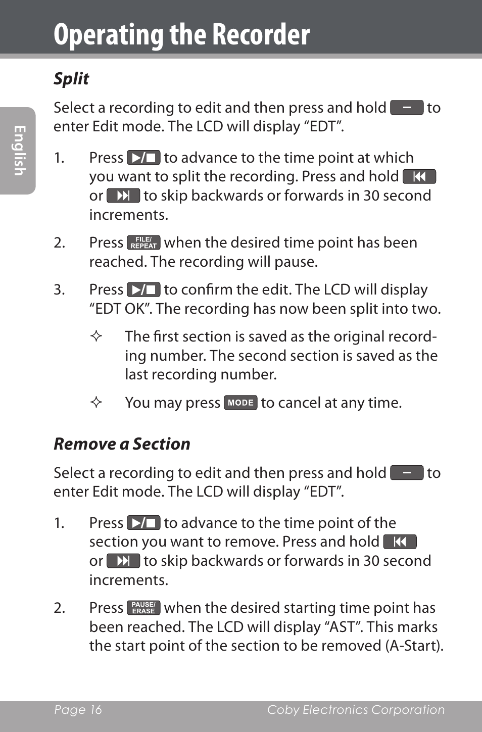 Split, Remove a section, Operating the recorder | COBY electronic CXR190-1G User Manual | Page 16 / 116