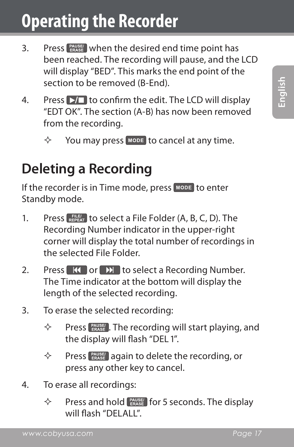 Deleting a recording, Operating the recorder | COBY electronic CXR190-1G User Manual | Page 17 / 116