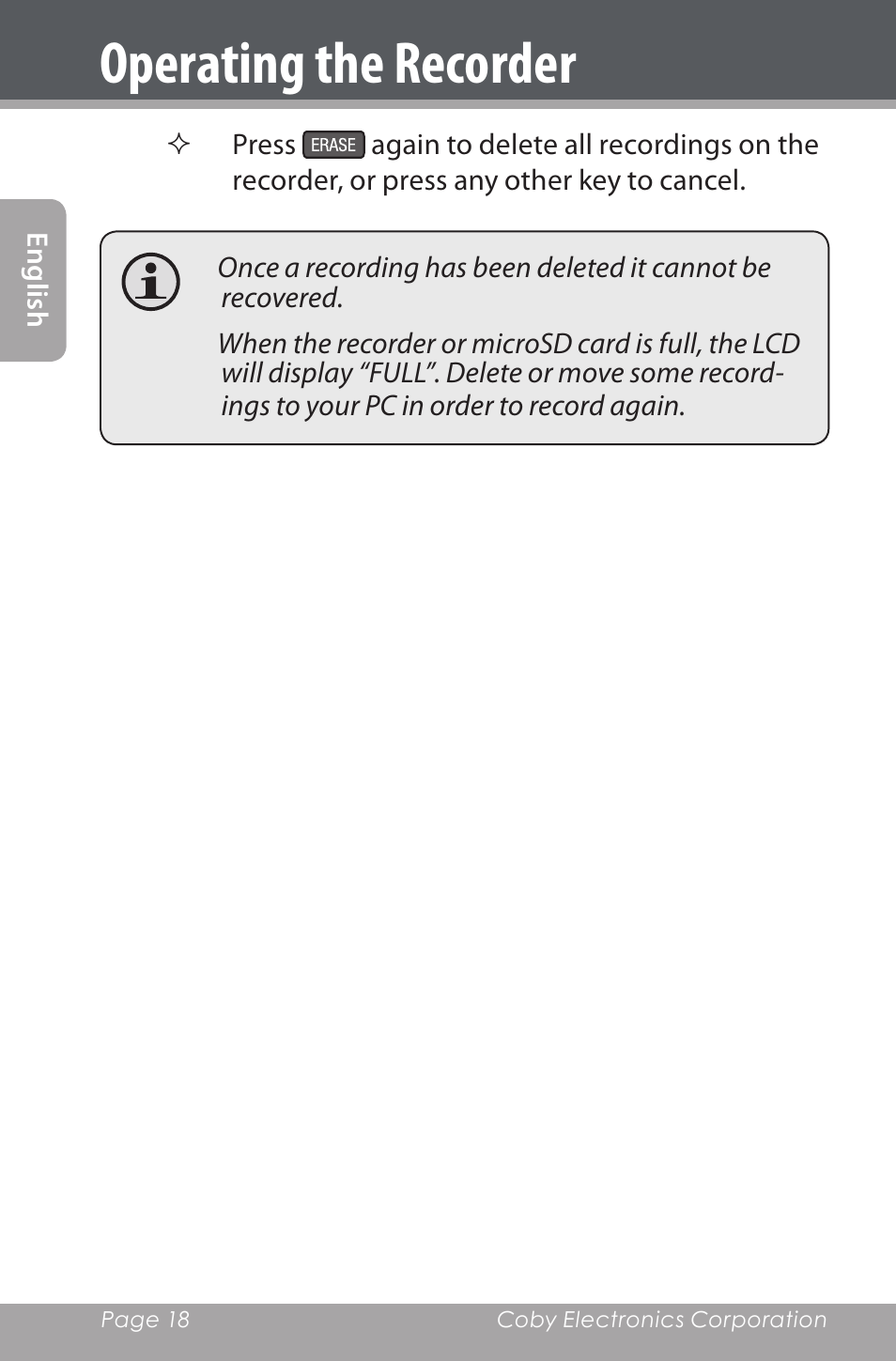 Operating the recorder | COBY electronic CXR190-1G User Manual | Page 18 / 116