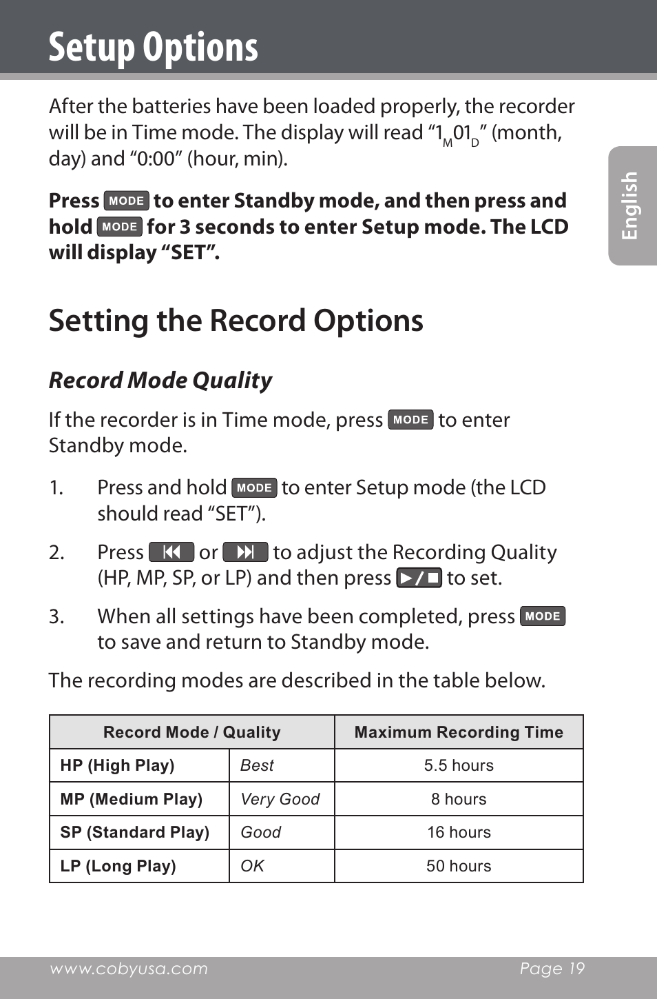 Setup options, Setting the record options, Record mode quality | COBY electronic CXR190-1G User Manual | Page 19 / 116