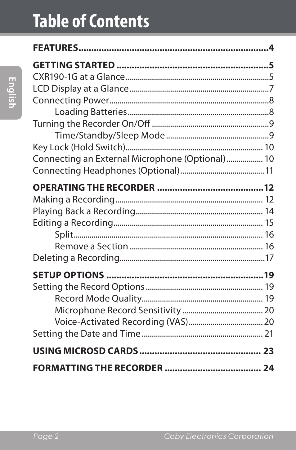 COBY electronic CXR190-1G User Manual | Page 2 / 116