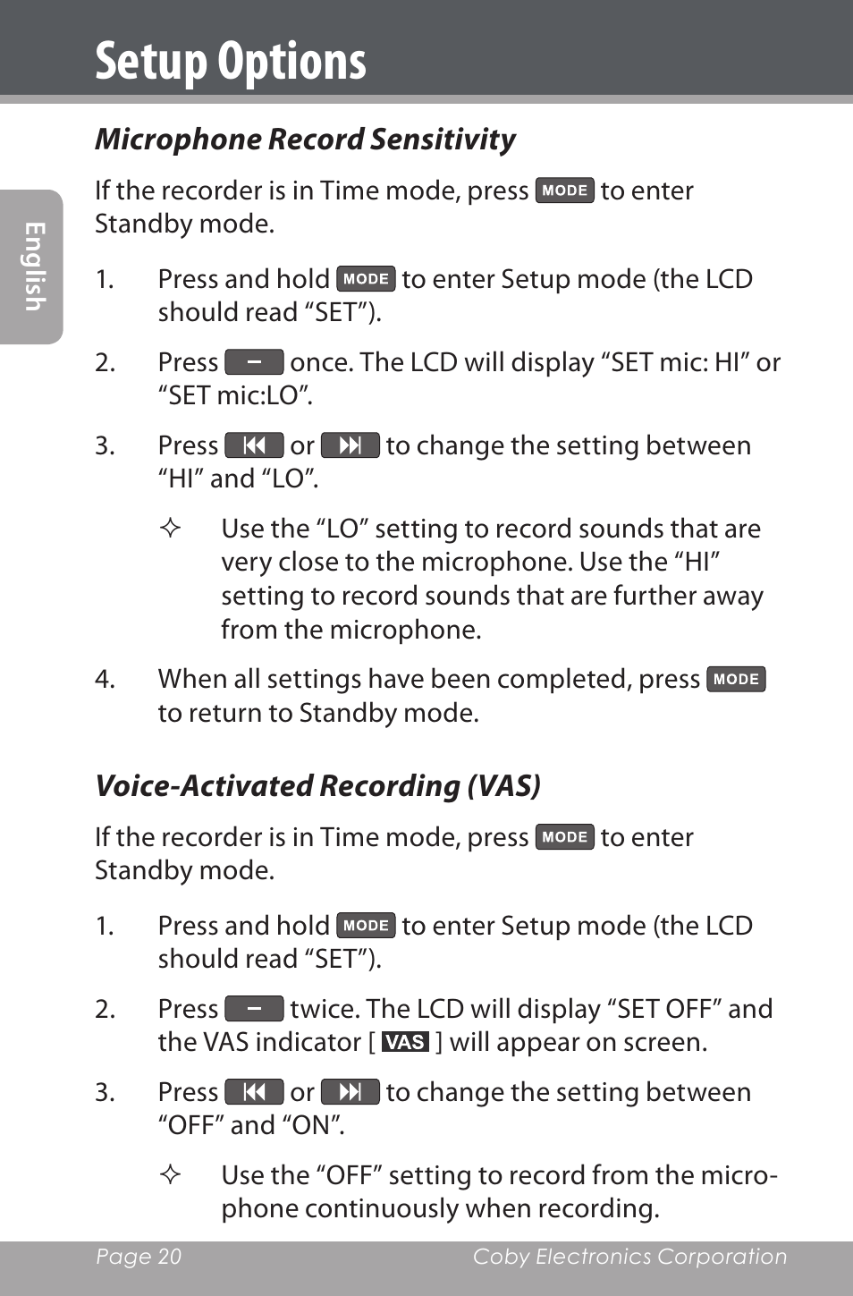 Microphone record sensitivity, Voice-activated recording (vas), Setup options | COBY electronic CXR190-1G User Manual | Page 20 / 116