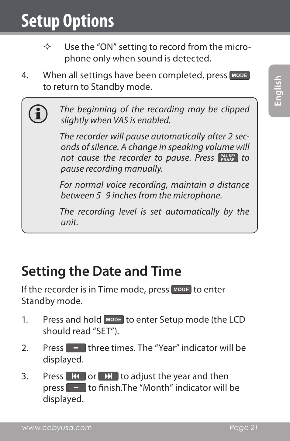 Setting the date and time, Setup options | COBY electronic CXR190-1G User Manual | Page 21 / 116