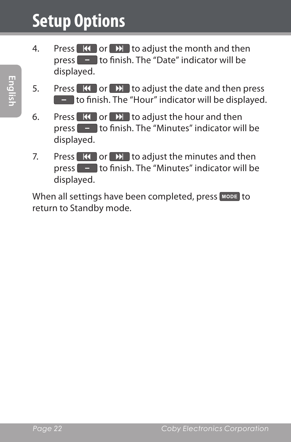 Setup options | COBY electronic CXR190-1G User Manual | Page 22 / 116