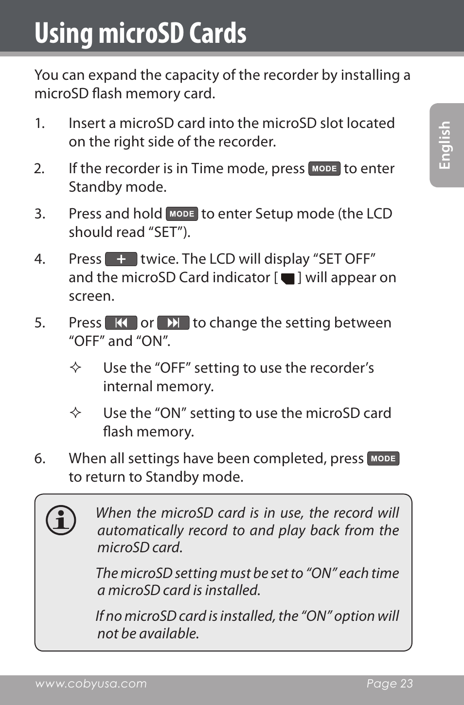 Using microsd cards | COBY electronic CXR190-1G User Manual | Page 23 / 116