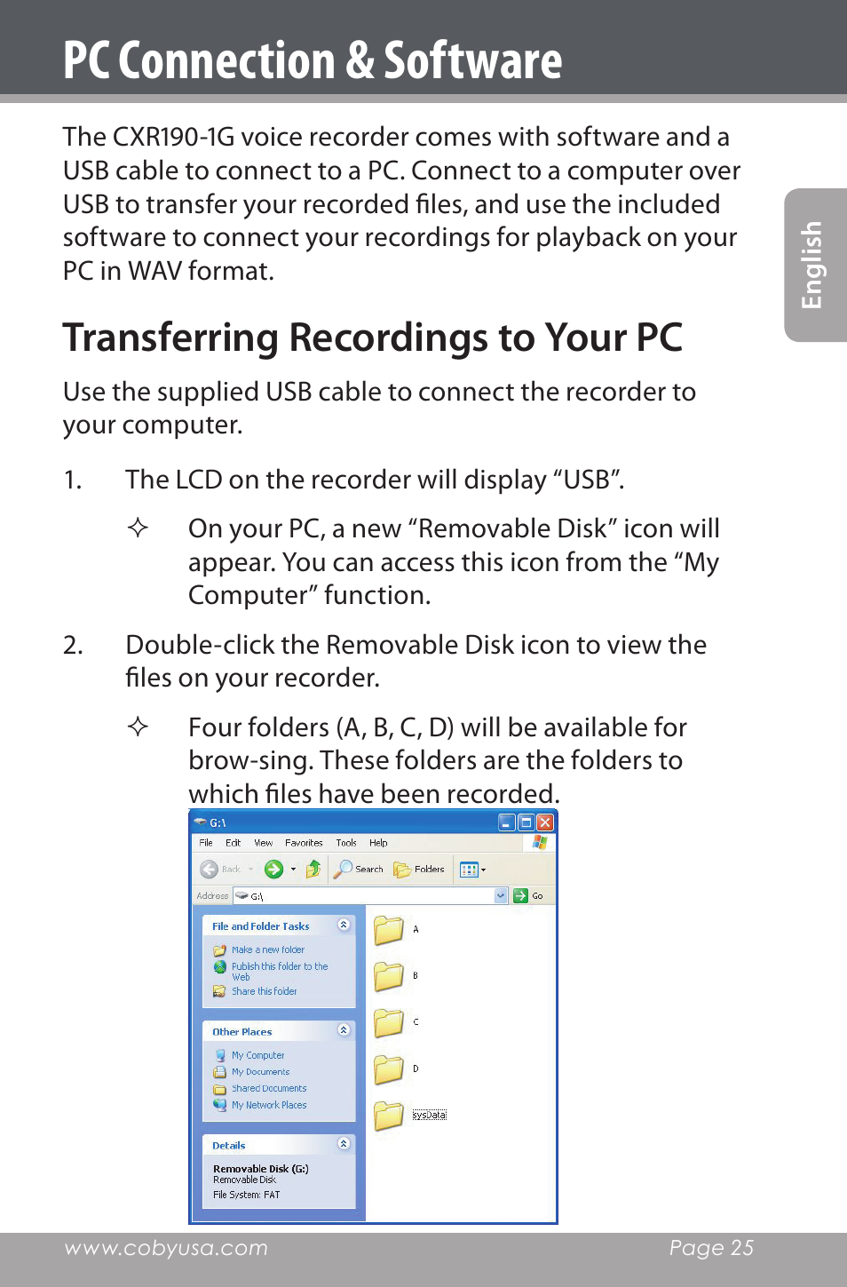 Pc connection & software, Transferring recordings to your pc | COBY electronic CXR190-1G User Manual | Page 25 / 116