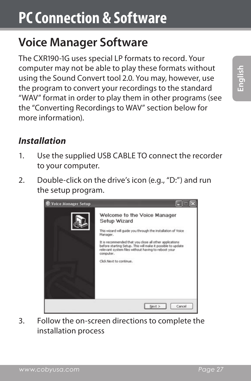 Voice manager software, Installation, Pc connection & software | COBY electronic CXR190-1G User Manual | Page 27 / 116