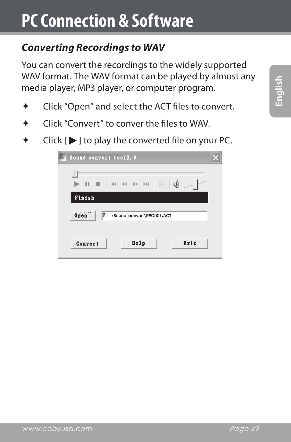 Converting recordings to wav, Pc connection & software | COBY electronic CXR190-1G User Manual | Page 29 / 116