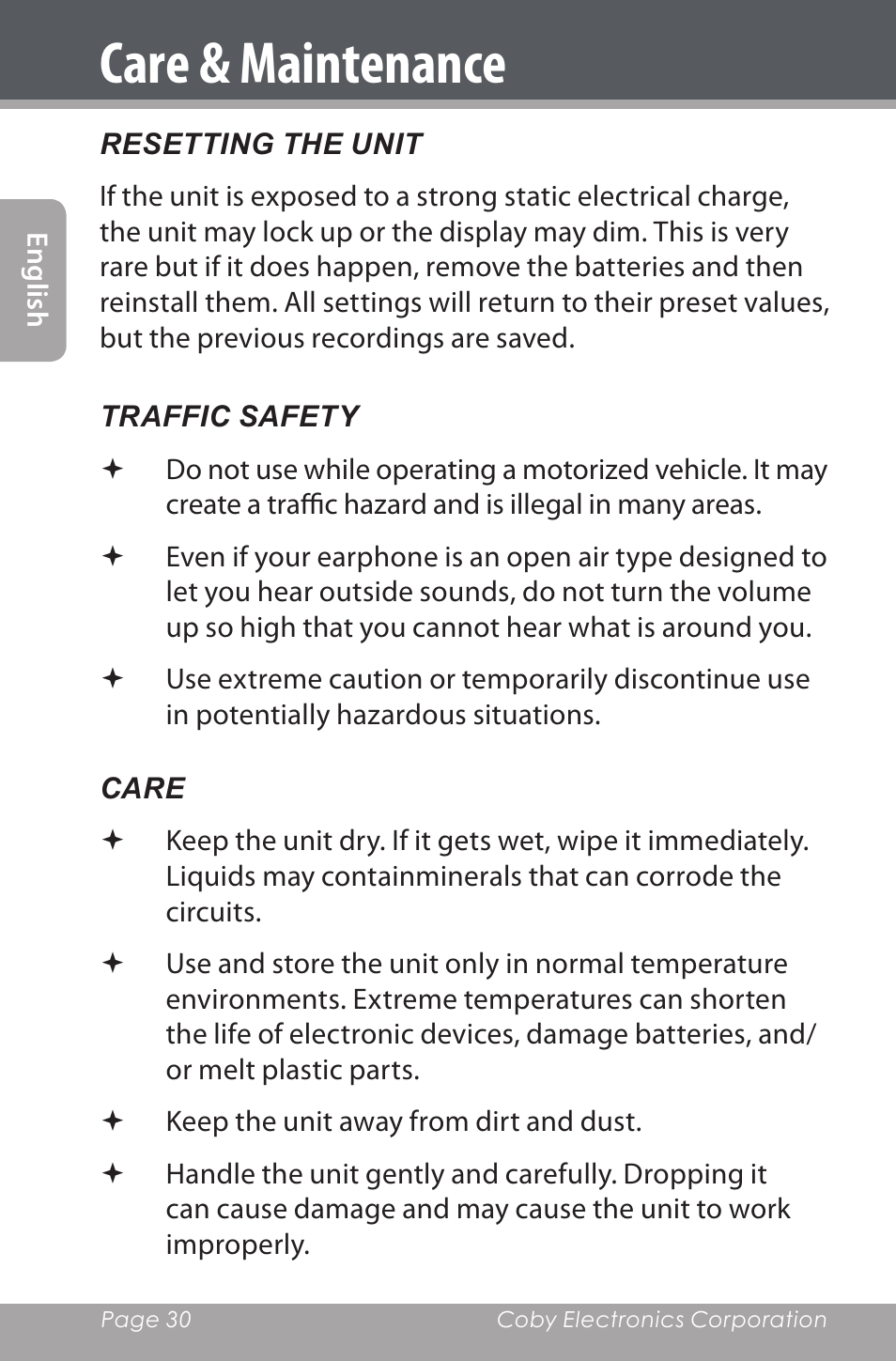 Care & maintenance | COBY electronic CXR190-1G User Manual | Page 30 / 116