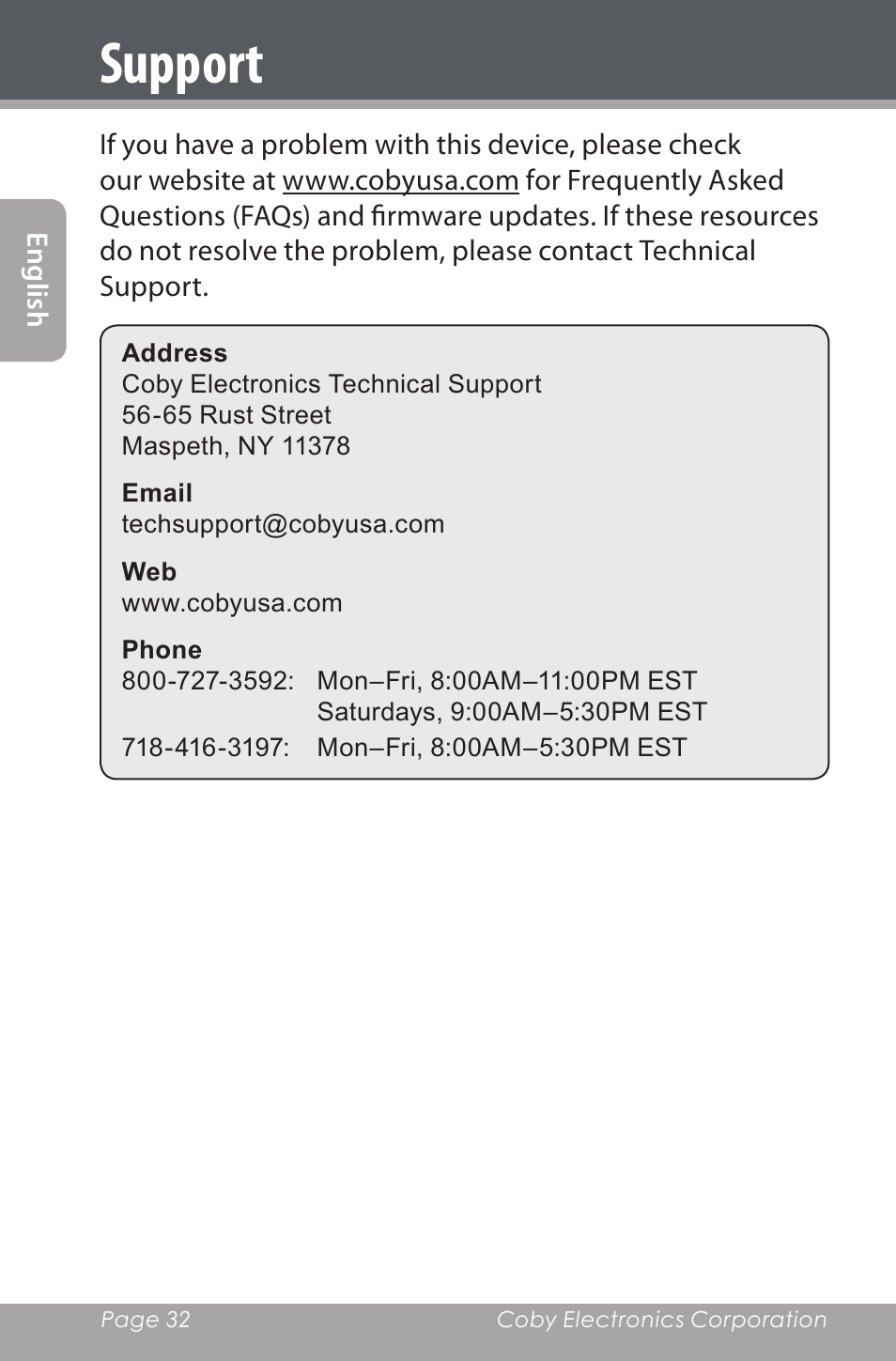 Support | COBY electronic CXR190-1G User Manual | Page 32 / 116