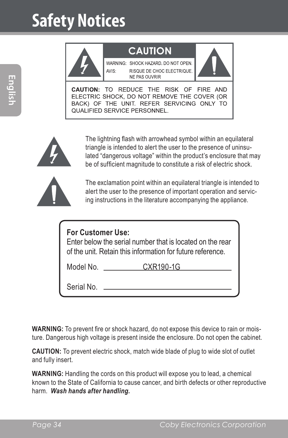 Safety notices, En gl ish | COBY electronic CXR190-1G User Manual | Page 34 / 116