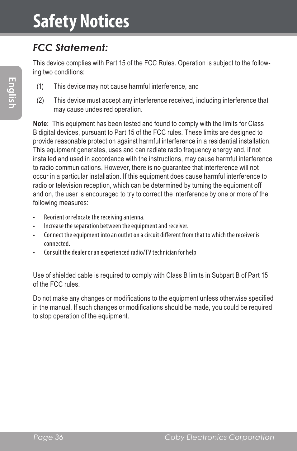 Safety notices, En gl ish, Fcc statement | COBY electronic CXR190-1G User Manual | Page 36 / 116