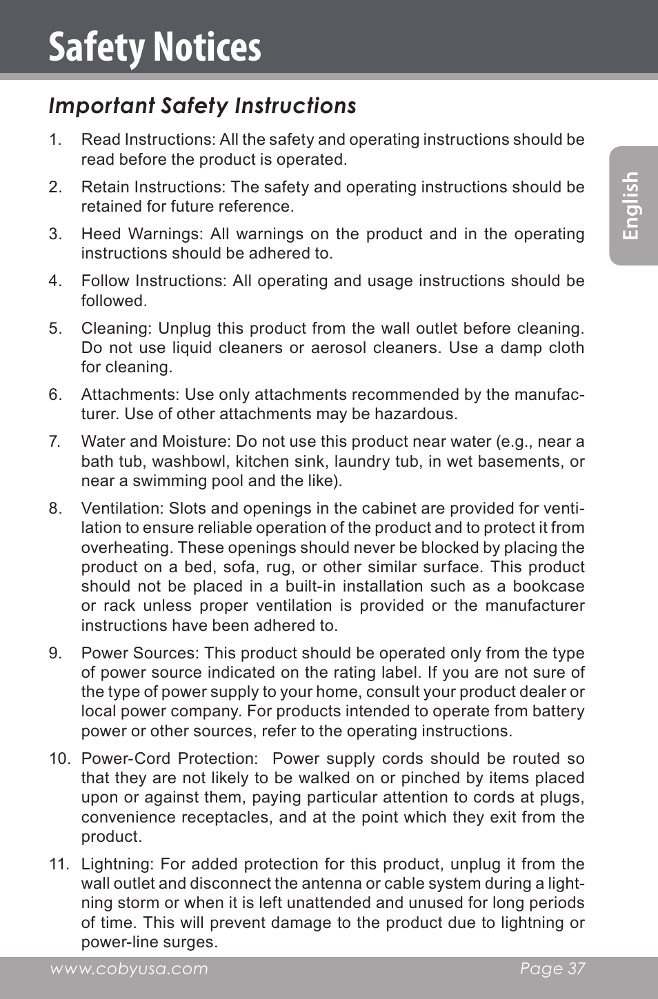 Safety notices, En gl ish important safety instructions | COBY electronic CXR190-1G User Manual | Page 37 / 116