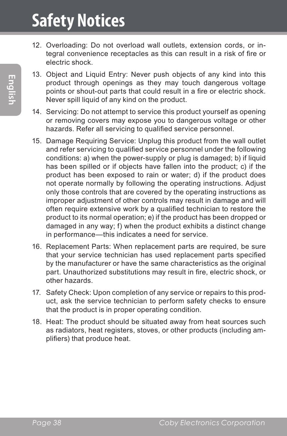 Safety notices, En gl ish | COBY electronic CXR190-1G User Manual | Page 38 / 116