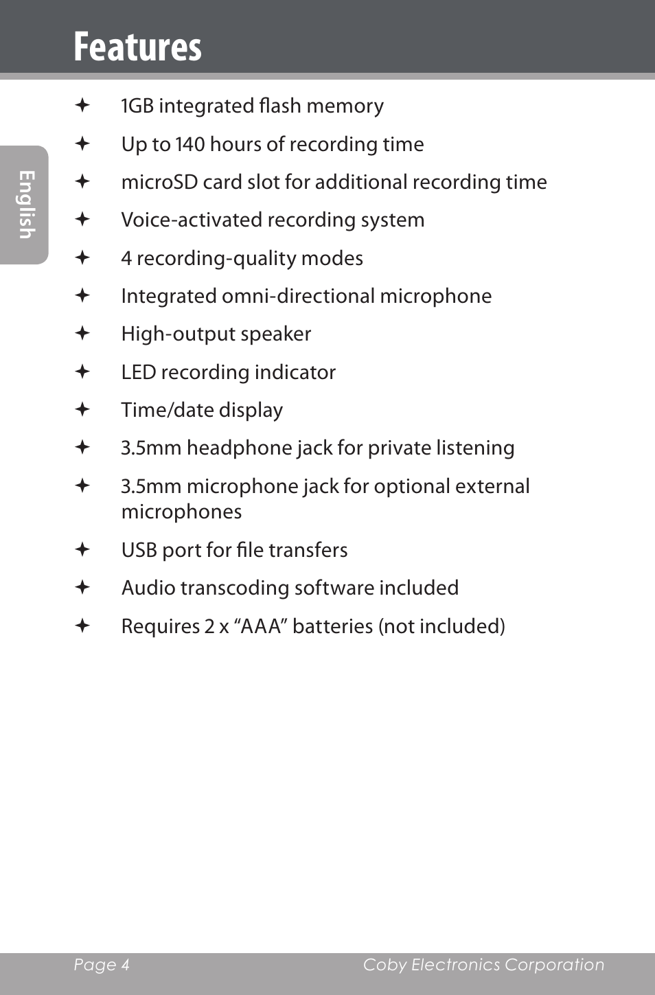 Features | COBY electronic CXR190-1G User Manual | Page 4 / 116