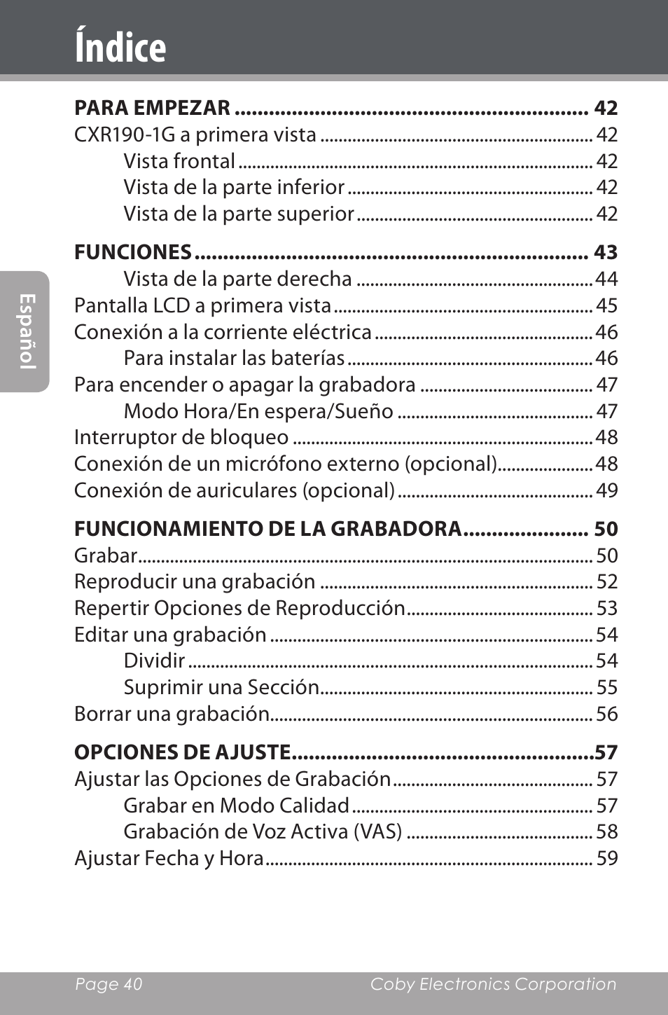 Índice | COBY electronic CXR190-1G User Manual | Page 40 / 116