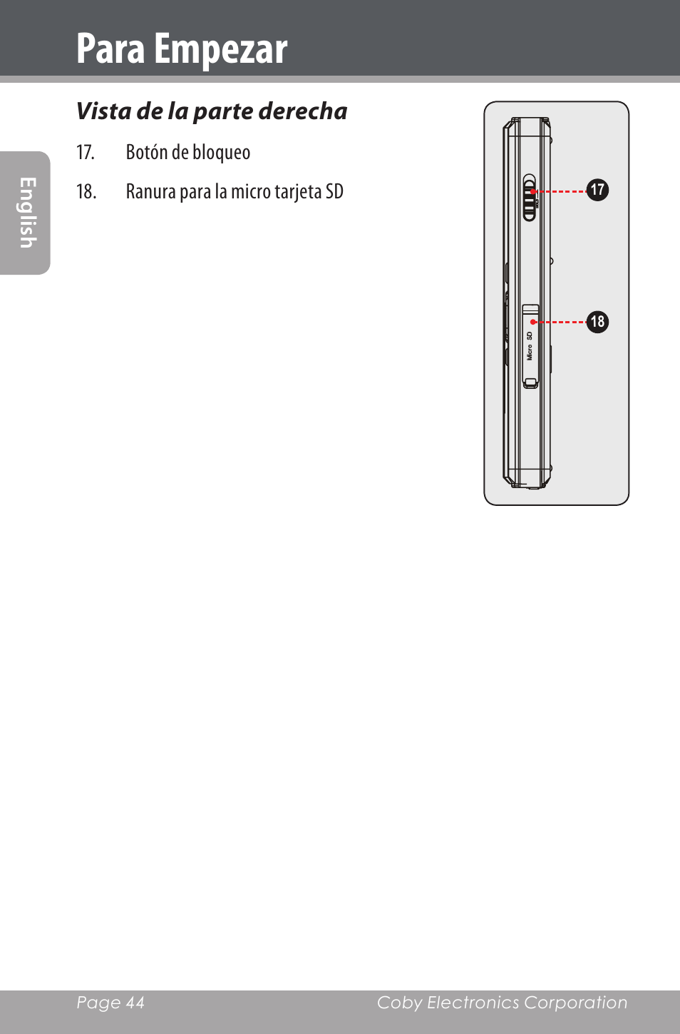 Vista de la parte derecha, Para empezar | COBY electronic CXR190-1G User Manual | Page 44 / 116