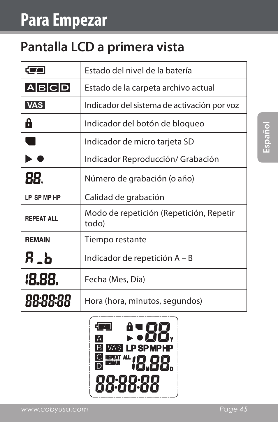 Pantalla lcd a primera vista, Para empezar | COBY electronic CXR190-1G User Manual | Page 45 / 116