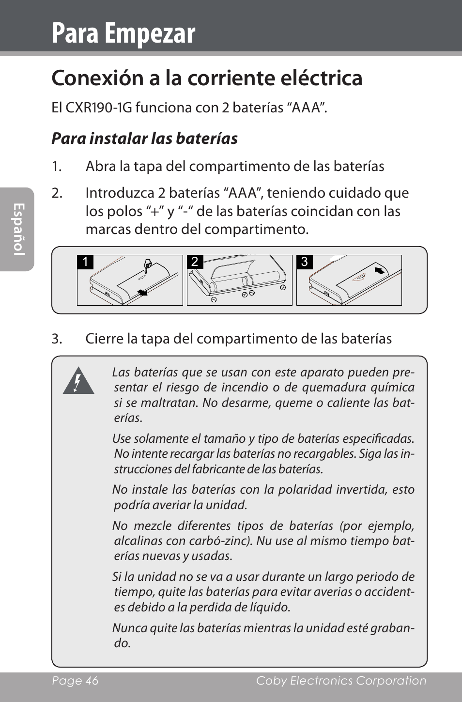Conexión a la corriente eléctrica, Para instalar las baterías, Para empezar | COBY electronic CXR190-1G User Manual | Page 46 / 116