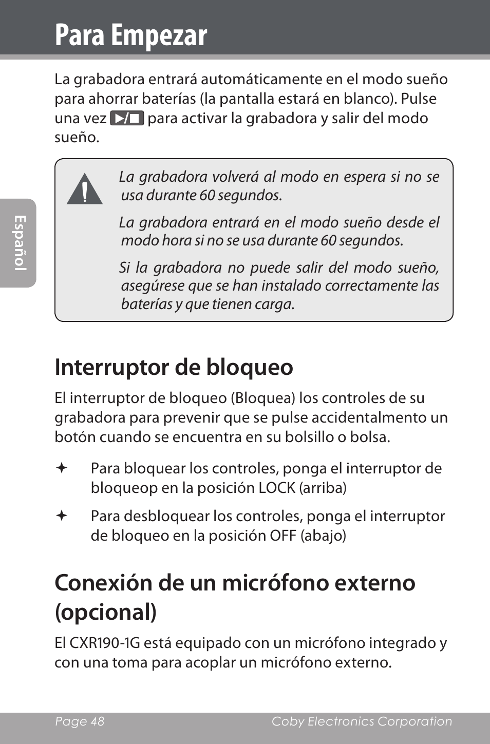 Interruptor de bloqueo, Conexión de un micrófono externo (opcional), Para empezar | COBY electronic CXR190-1G User Manual | Page 48 / 116