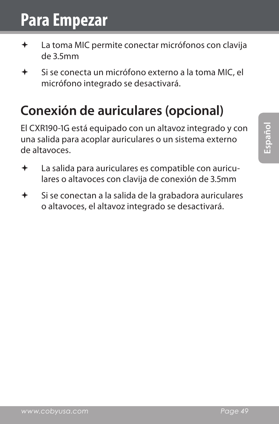 Conexión de auriculares (opcional), Para empezar | COBY electronic CXR190-1G User Manual | Page 49 / 116