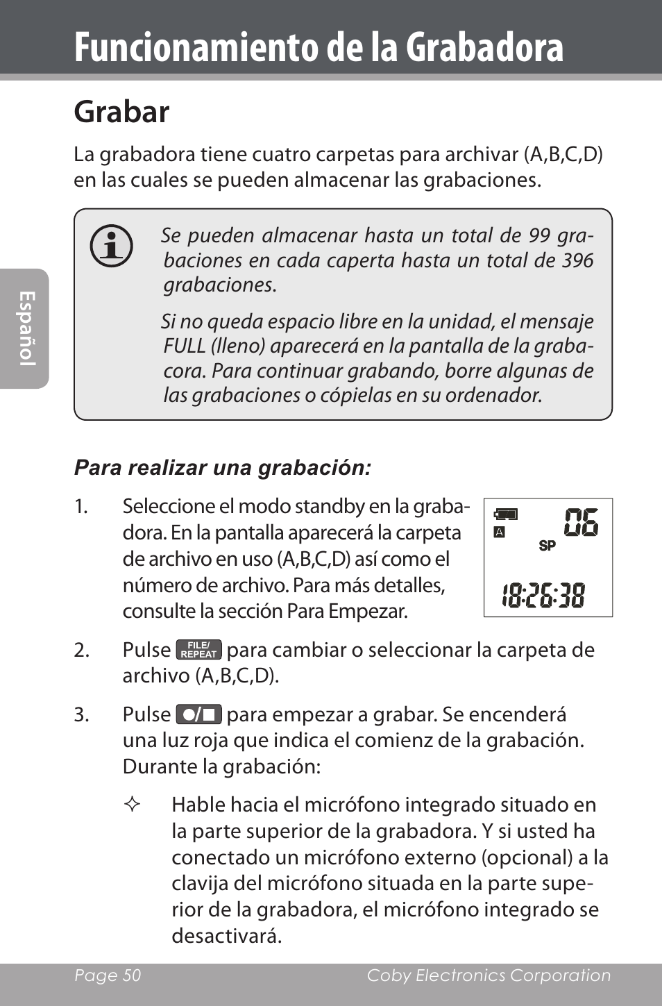 Funcionamiento de la grabadora, Grabar | COBY electronic CXR190-1G User Manual | Page 50 / 116