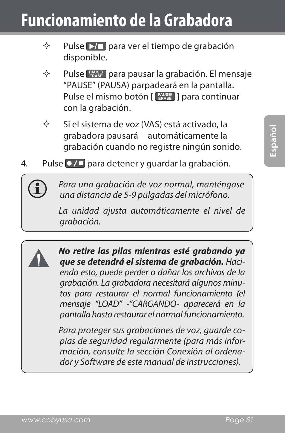 Funcionamiento de la grabadora | COBY electronic CXR190-1G User Manual | Page 51 / 116