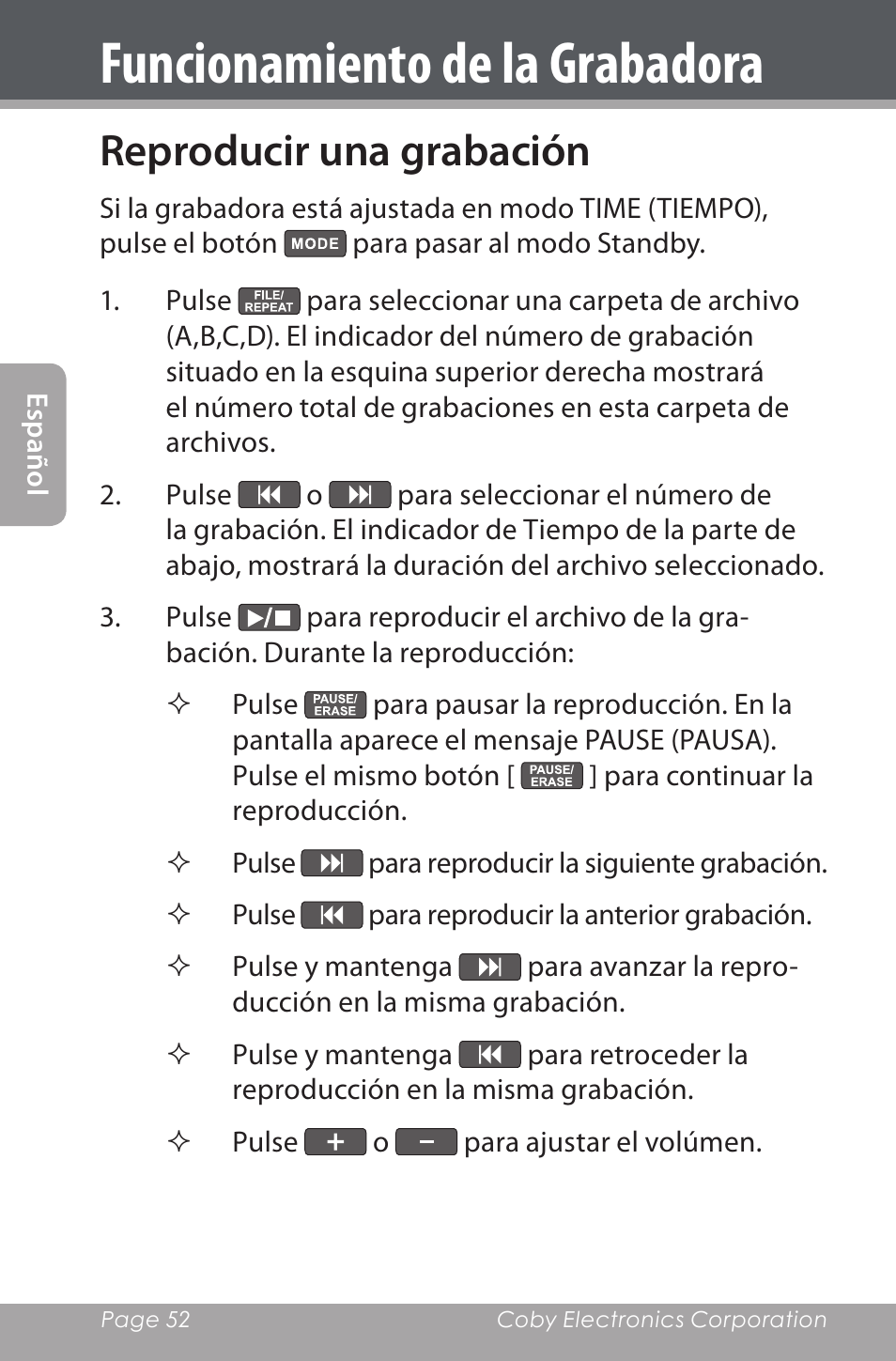 Reproducir una grabación, Funcionamiento de la grabadora | COBY electronic CXR190-1G User Manual | Page 52 / 116