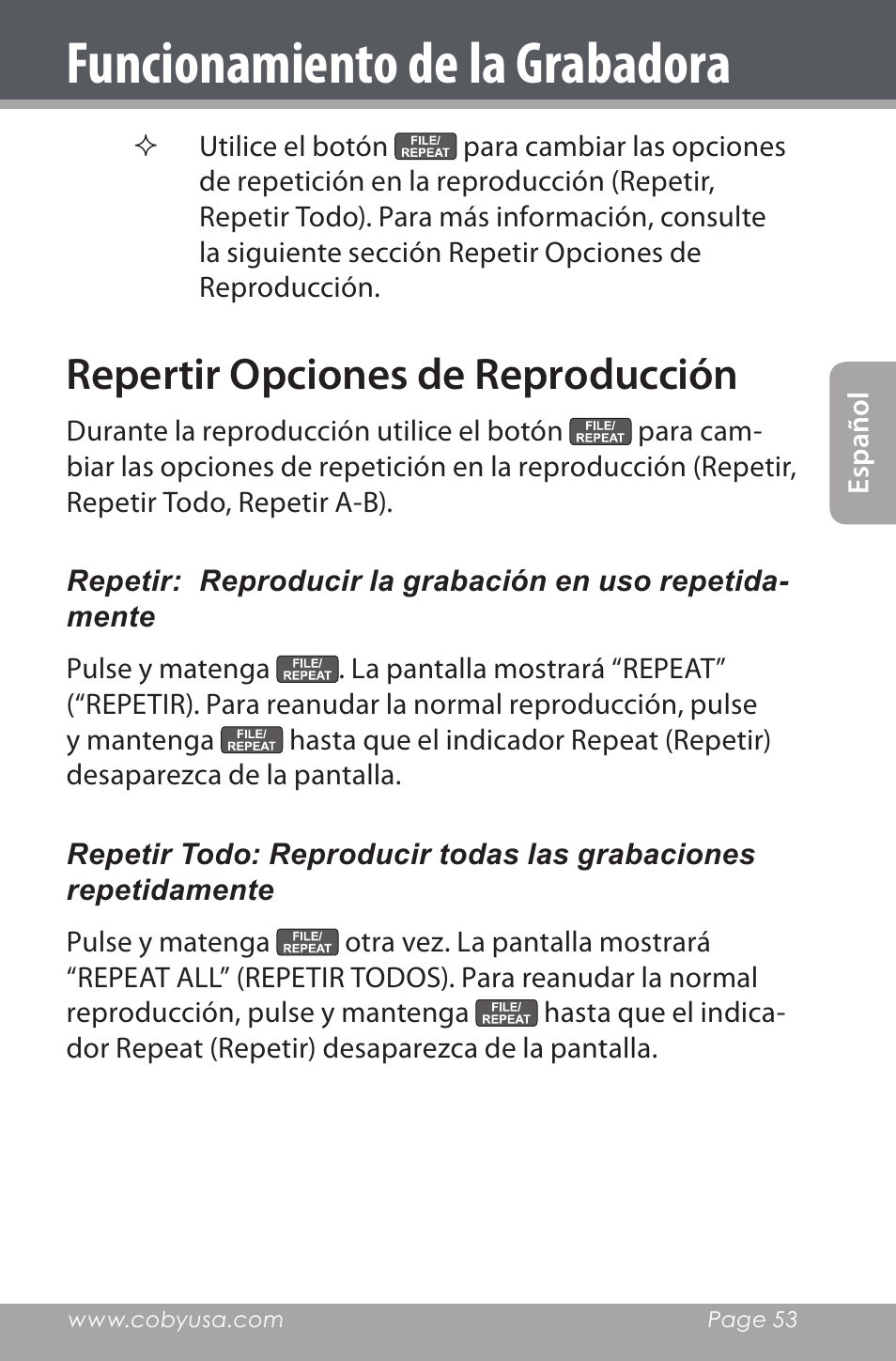 Repertir opciones de reproducción, Funcionamiento de la grabadora | COBY electronic CXR190-1G User Manual | Page 53 / 116