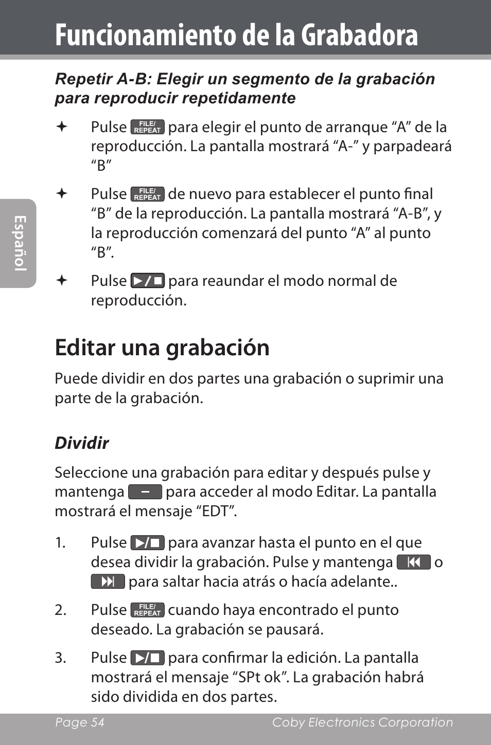 Editar una grabación, Dividir, Funcionamiento de la grabadora | COBY electronic CXR190-1G User Manual | Page 54 / 116