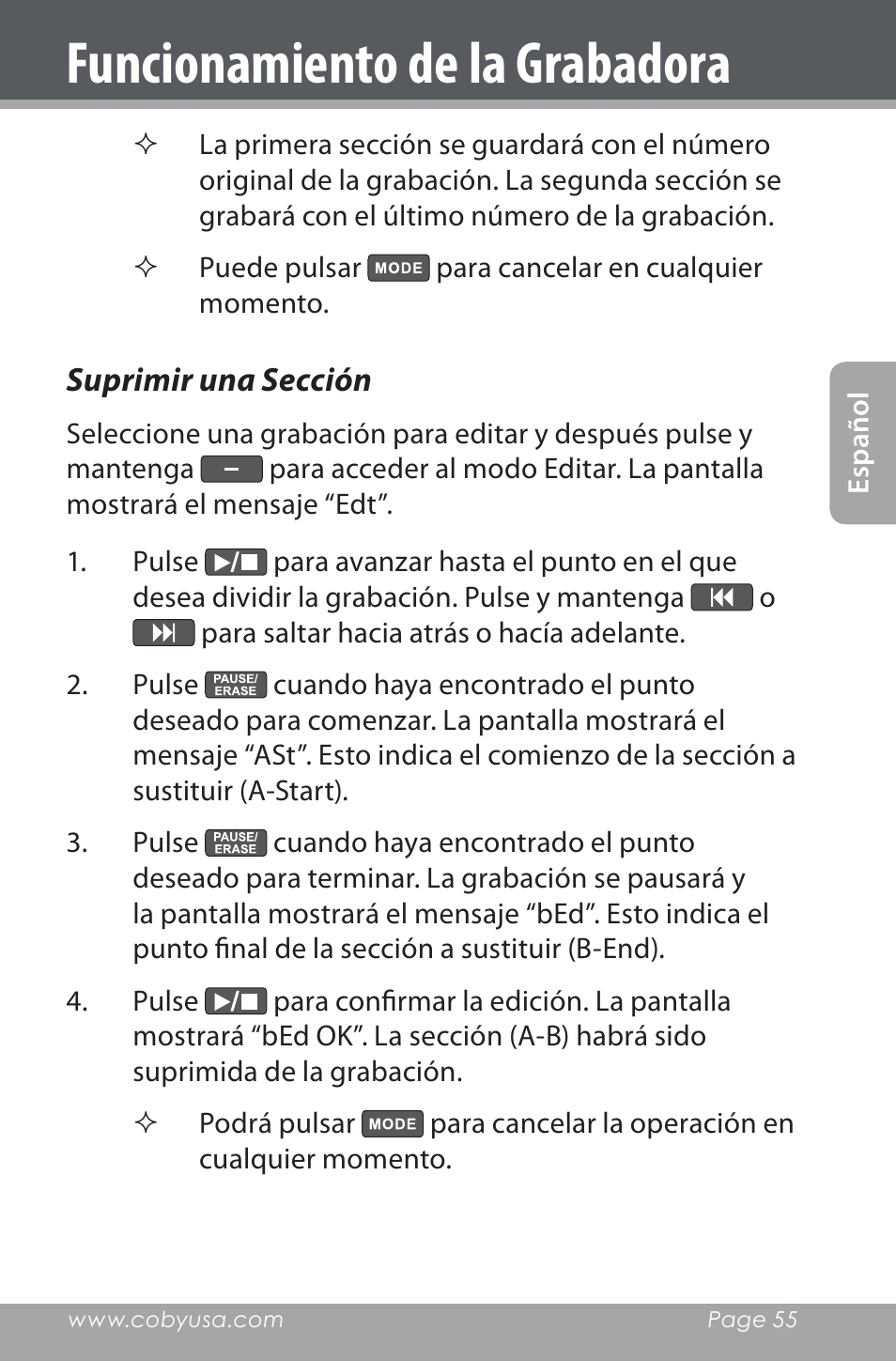 Suprimir una sección, Funcionamiento de la grabadora | COBY electronic CXR190-1G User Manual | Page 55 / 116