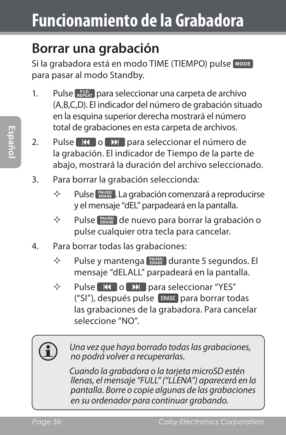Borrar una grabación, Funcionamiento de la grabadora | COBY electronic CXR190-1G User Manual | Page 56 / 116