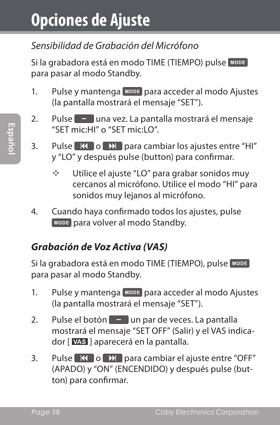 Grabación de voz activa (vas), Opciones de ajuste | COBY electronic CXR190-1G User Manual | Page 58 / 116